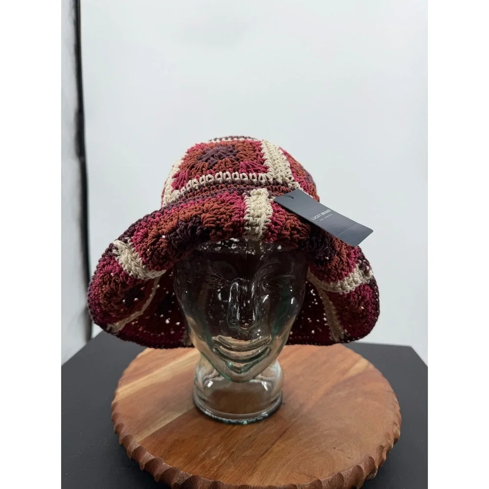 Lucky Brand Granny Square Crochet Bucket Hat Women One Size Burgundy Multi Boho